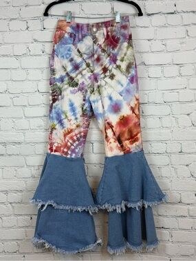 Upcycled Ice Tie Dyed Madewell Jeans with Double Ruffle Bell Bottoms